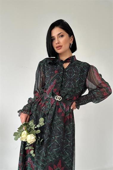 Toptan Siyah Bağcıklı Şifon Elbise