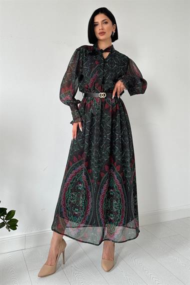 Toptan Siyah Bağcıklı Şifon Elbise