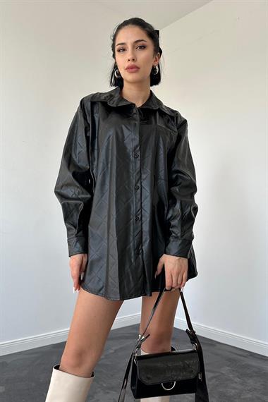 Toptan Siyah Baklava Desenli Deri Gömlek