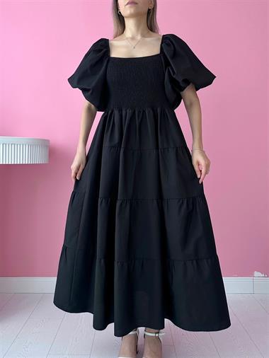 Toptan Siyah Balon Kol Gipe Detay Elbise