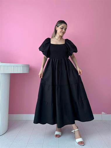 Toptan Siyah Balon Kol Gipe Detay Elbise