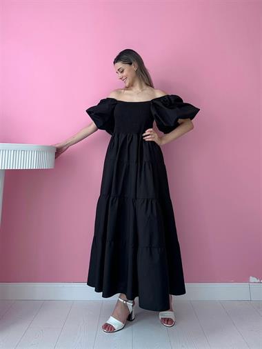 Toptan Siyah Balon Kol Gipe Detay Elbise