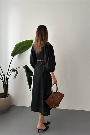 Toptan Siyah Balon Kol Kot Elbise