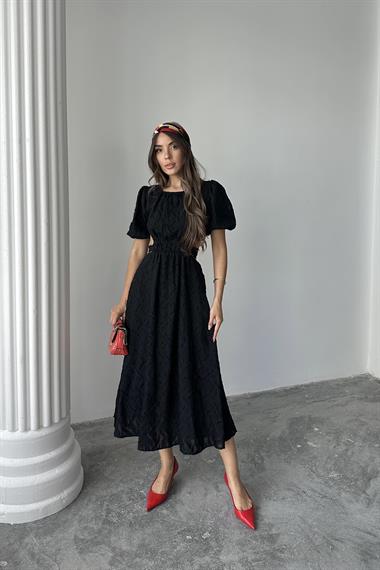 Toptan Siyah Balon Kol Kuşaklı Elbise