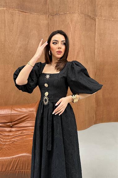 Toptan Siyah Balon Kol Üç Düğmeli Kemer Detaylı Elbise