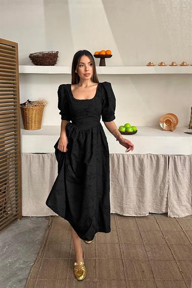 Toptan Siyah Balon Kollu Brode Elbise