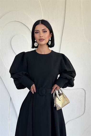 Toptan Siyah Balon Kollu Kemerli Elbise