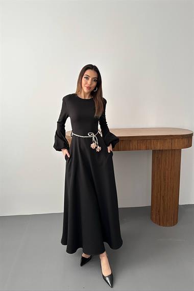 Toptan Siyah Balon Kollu Kuşaklı Elbise