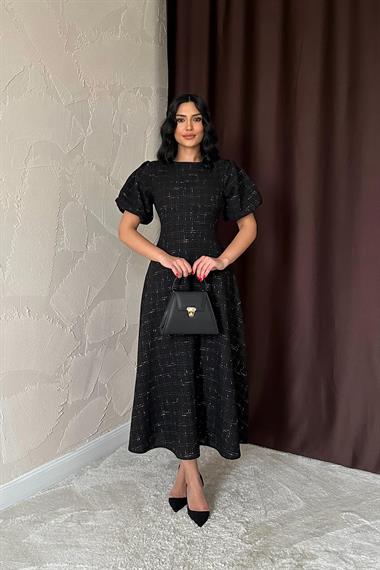 Toptan Siyah Balon Kollu Uzun Elbise