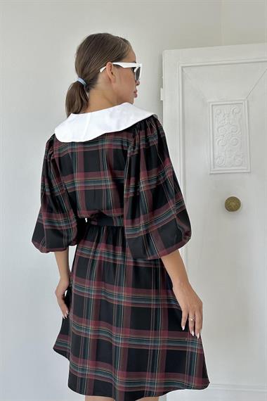 Toptan Siyah Bebe Yaka Ekose Elbise