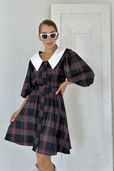 Toptan Siyah Bebe Yaka Ekose Elbise