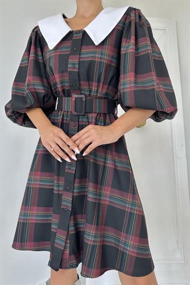 Toptan Siyah Bebe Yaka Ekose Elbise