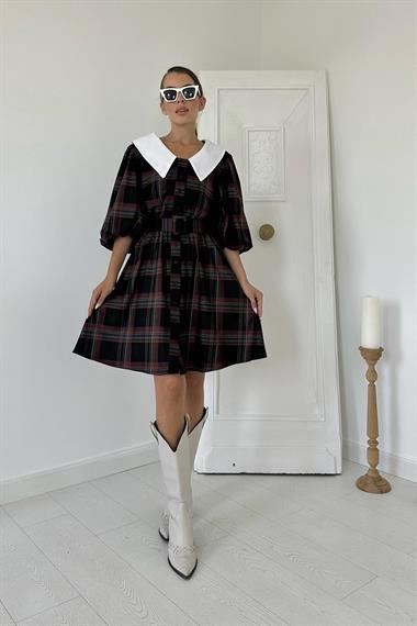 Toptan Siyah Bebe Yaka Ekose Elbise