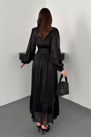 Toptan Siyah Bel Büzgülü Elbise