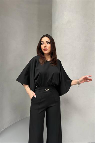 Toptan Siyah Bel Büzgülü Kemerı Aksesuarlı Yarasa Kol Tulum