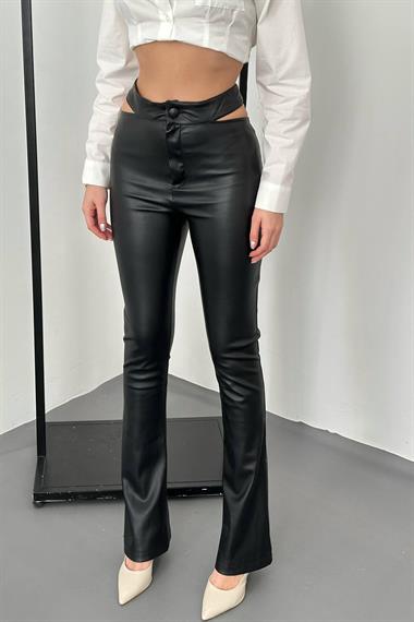 Toptan Siyah Bel Detaylı Deri Pantolon
