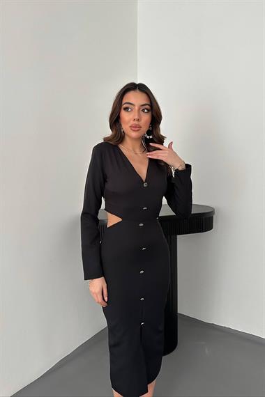Toptan Siyah Bel Detaylı Düğmeli Elbise