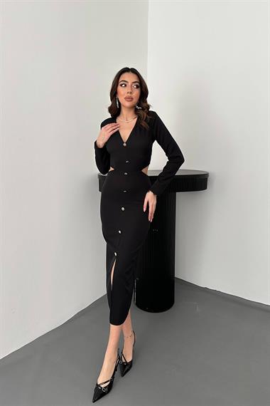 Toptan Siyah Bel Detaylı Düğmeli Elbise