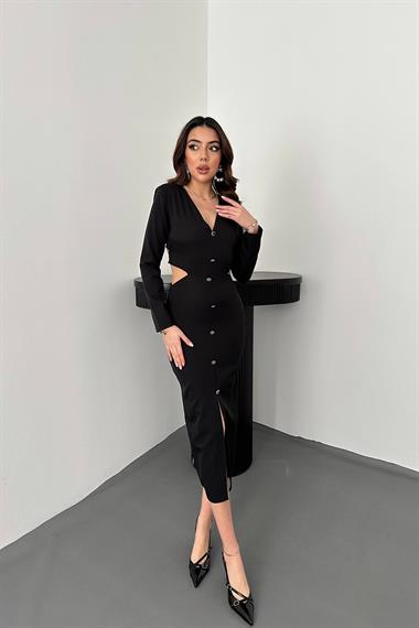 Toptan Siyah Bel Detaylı Düğmeli Elbise