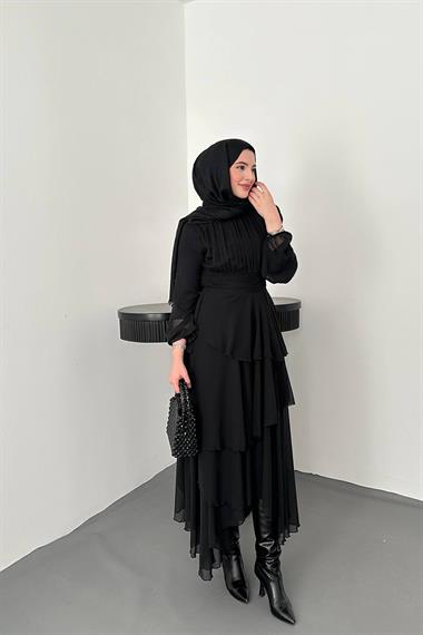 Toptan Siyah Bel Detaylı Elbise