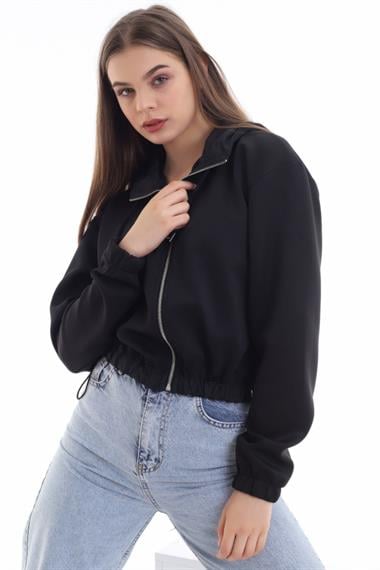 Wholesale Black Waist Detailed and Hooded Cardigan