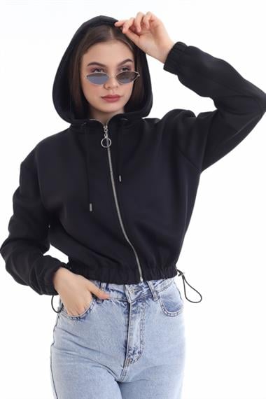Wholesale Black Waist Detailed and Hooded Cardigan