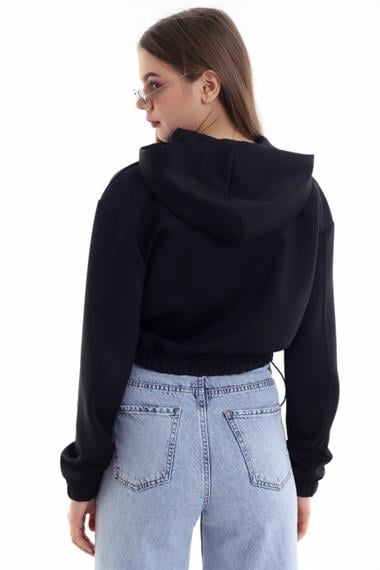 Wholesale Black Waist Detailed and Hooded Cardigan