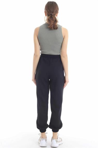 Toptan Siyah Bel ve Paça Lastik Detay Kumaş Pantolon