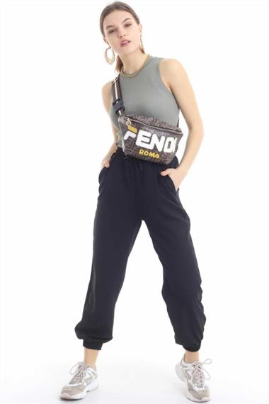 Toptan Siyah Bel ve Paça Lastik Detay Kumaş Pantolon