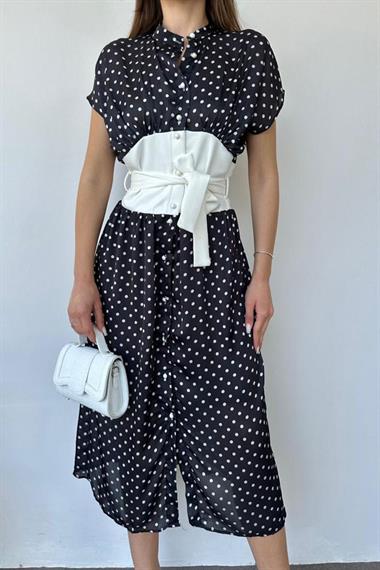 Toptan Siyah Belden Kemerli Puantiyeli Elbise