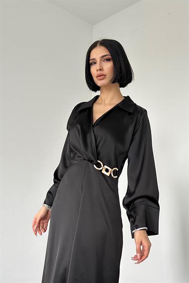 Toptan Siyah Belden Tokalı Saten Elbise