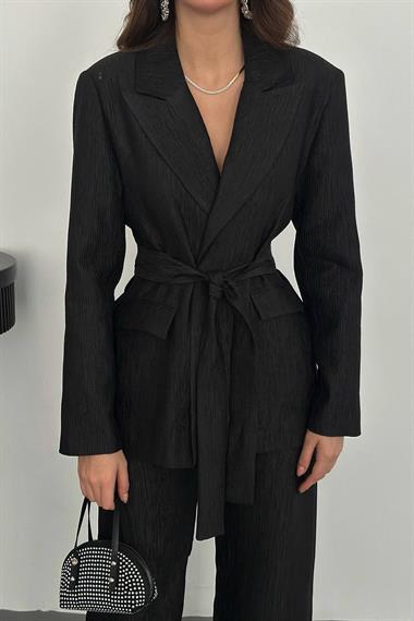 Toptan Siyah Beli Kuşaklı Ceket ve Pantolon Parlak Takım