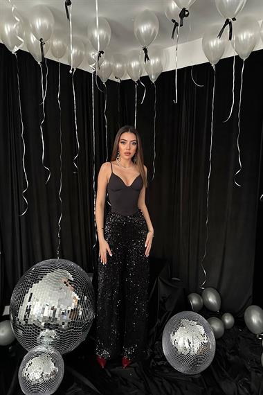 Toptan Siyah Beli Lastikli Pullu Pantolon