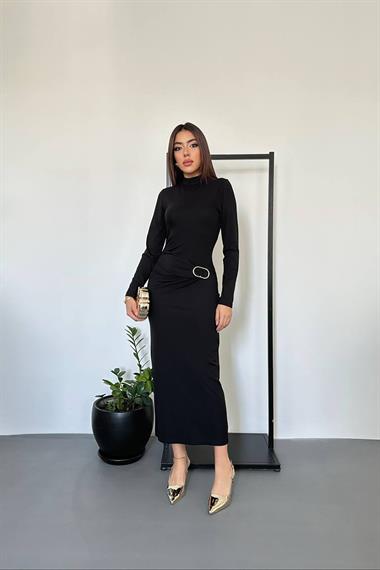 Toptan Siyah Beli Tokalı Elbise