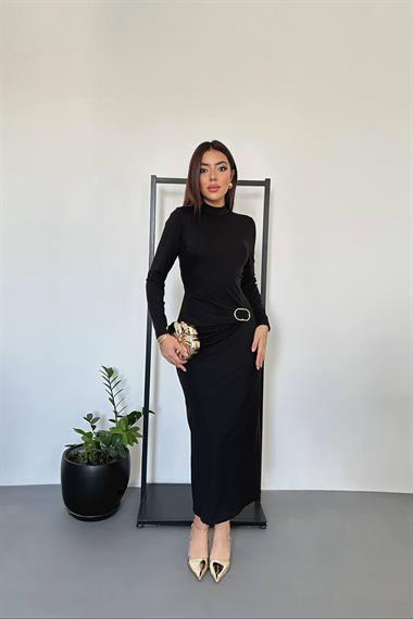 Toptan Siyah Beli Tokalı Elbise