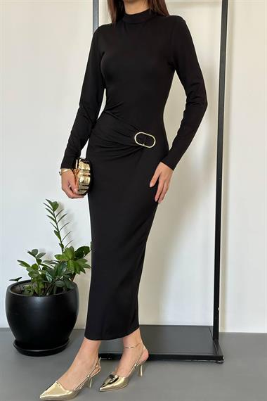 Toptan Siyah Beli Tokalı Elbise