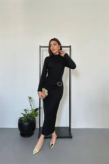 Toptan Siyah Beli Tokalı Elbise