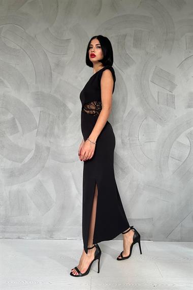 Toptan Siyah Belinden Dantel Detaylı Elbise