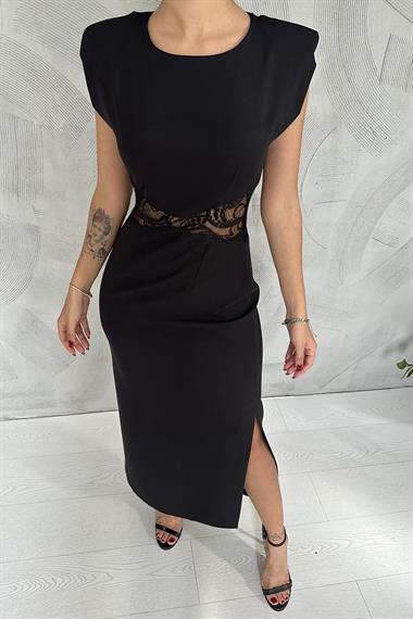 Toptan Siyah Belinden Dantel Detaylı Elbise