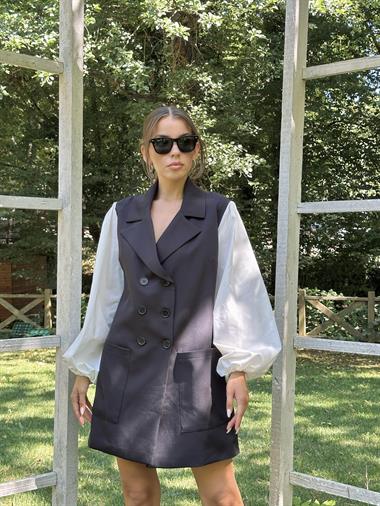 Toptan Siyah Beyaz Garnili Ceket Elbise