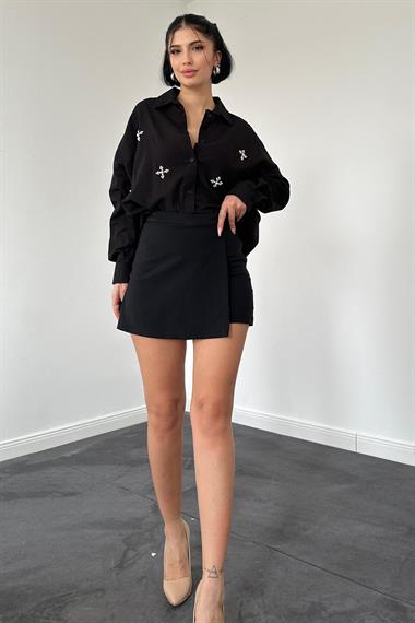 Toptan Siyah Beyoğlu Taşlı İncili Keten Gömlek