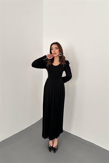 Toptan Siyah Bisiklet Yaka Elbise