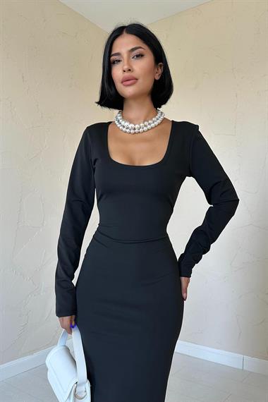 Toptan Siyah Bisiklet Yaka Elbise