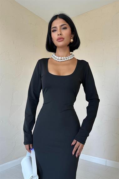 Toptan Siyah Bisiklet Yaka Elbise