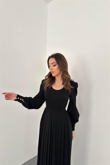 Toptan Siyah Bisiklet Yaka Elbise