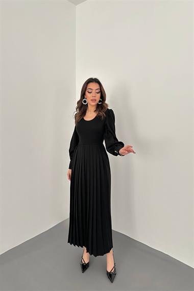 Toptan Siyah Bisiklet Yaka Elbise