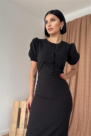 Toptan Siyah Bisiklet Yaka Kısa Kollu Elbise