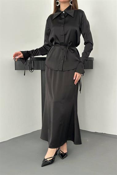 Toptan Siyah Biyeli Gömlek ve Etek Takım