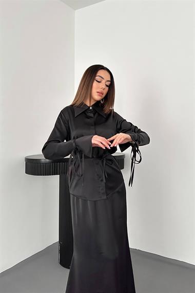 Toptan Siyah Biyeli Gömlek ve Etek Takım