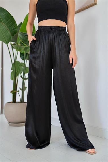 Toptan Siyah Bol Paçalı ve Beli Lastikli Pantolon
